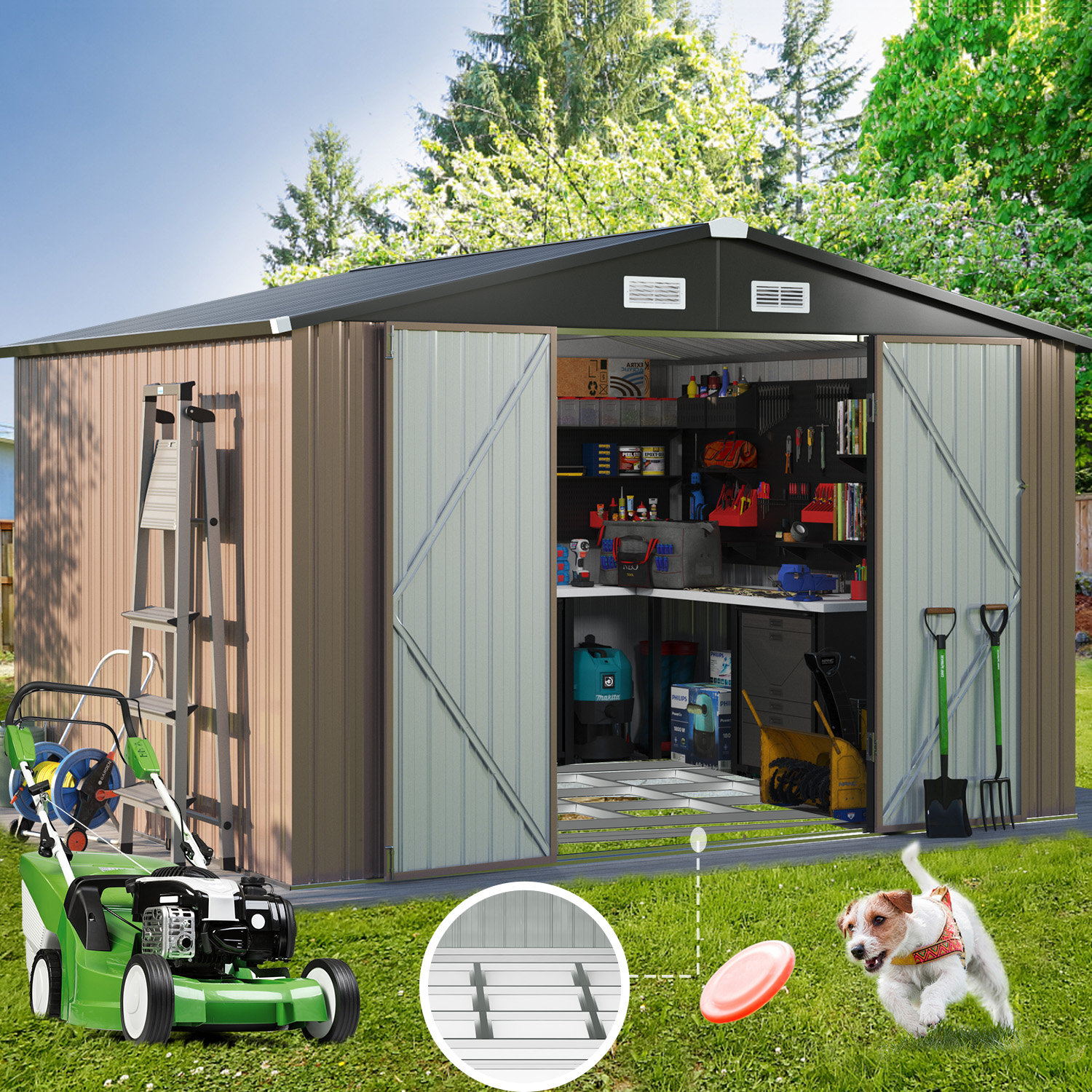 JolyDale 10 ft. W x 8 ft. D Metal Storage Shed with Metal Base